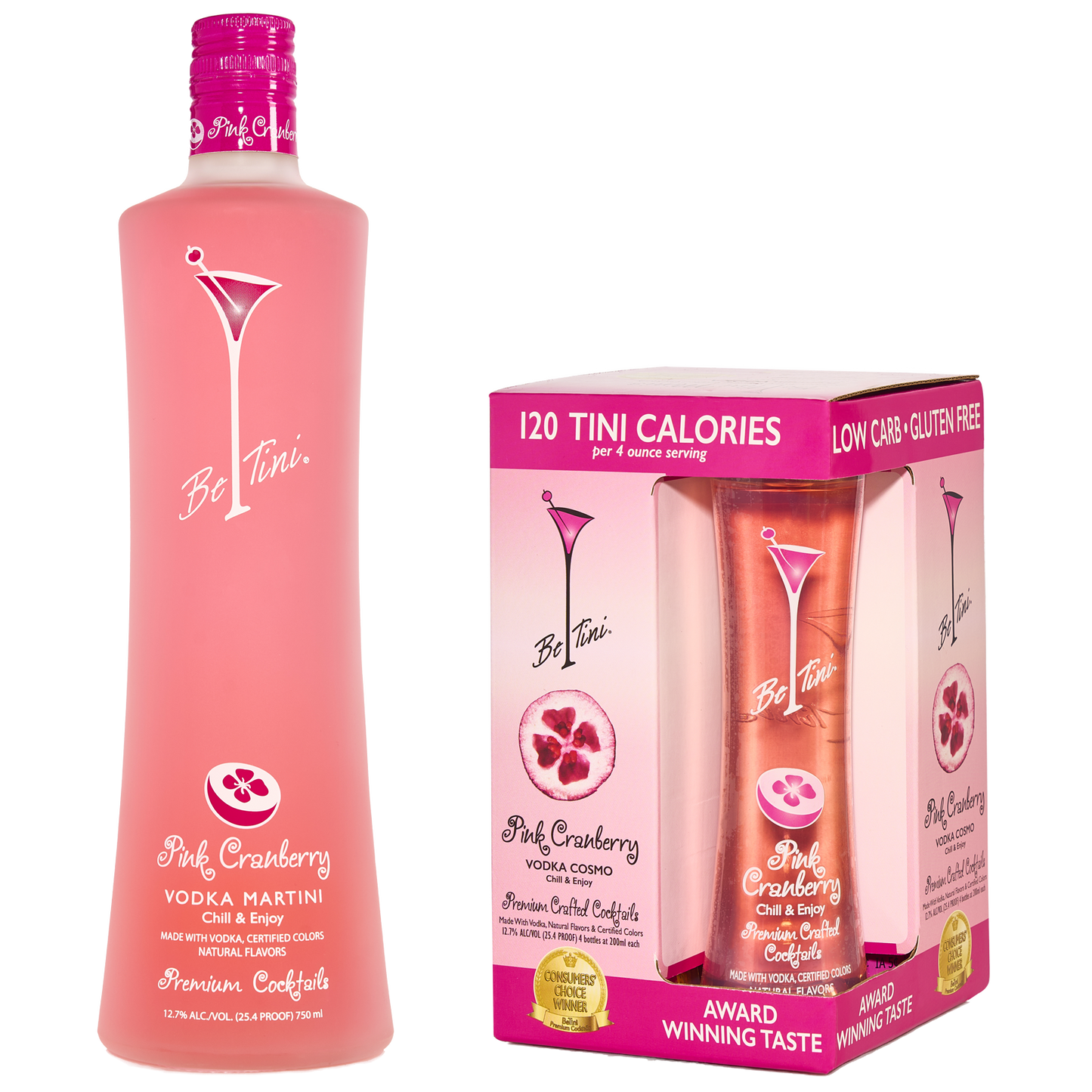 BeTini Pink Cranberry Vodka Martini 750ml Bottle alongside BeTini Pink Cranberry Minis 200ml 4 Pack
